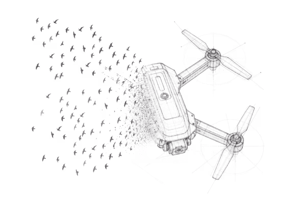 Black drone disintegrating into multiple small flying birds on a black background with grid lines.