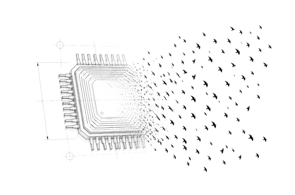 Computer chip with digital particles dispersing from its right side on a black background.